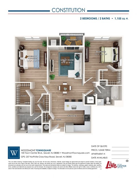 Floor plan for 2 beds, 2 baths, 1155 sqft